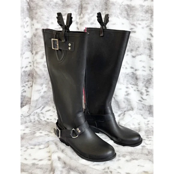 Steve Madden Tsunami Tall Rubber Black/Pink Detail Rain Boots Womens Size 8 - Picture 2 of 11